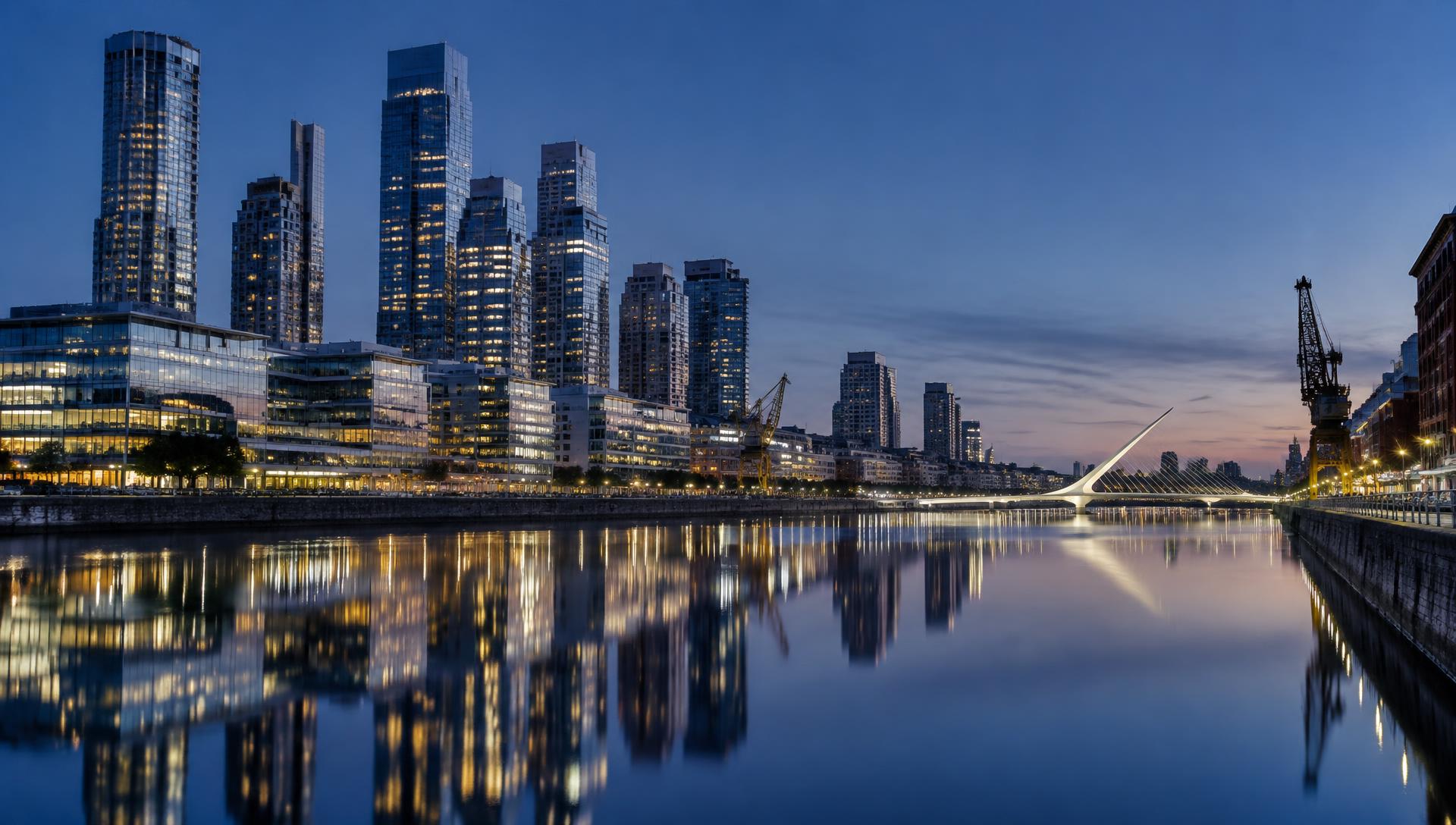 Puerto Madero's modern towers in Buenos Aires reflected on the water at dusk